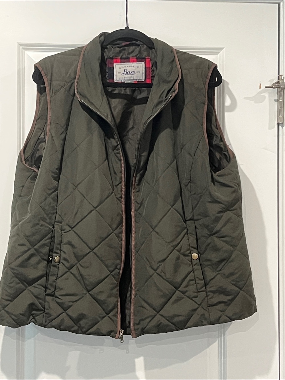 Bass Quilted Olive Vest with Brown Trim